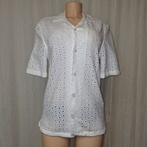 Zara Qomen's Suze S  White Eyelet Button Down Shirt